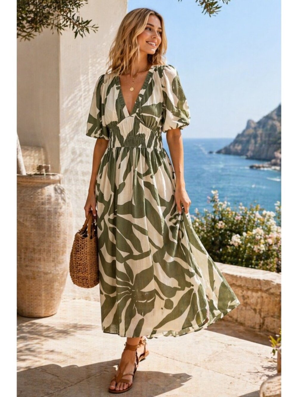 White Closet Elements Dress Green Linen Blend Maxi Boho Puff Sleeve V Neck